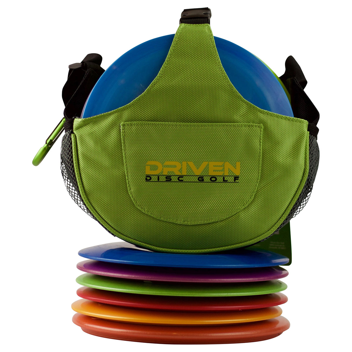 Driven Kiwi Green Slingshot bag, front view, for fast disc access.