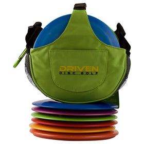 Driven Kiwi Green Slingshot bag, front view, for fast disc access.