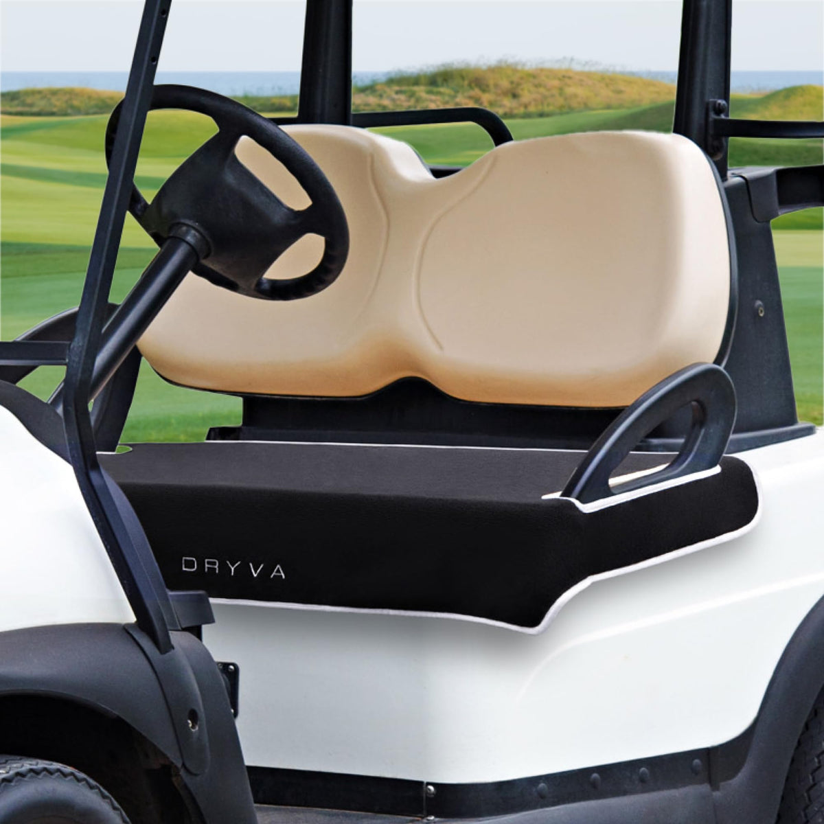 Dryva waterproof front-seat cover provides dry comfort for golf cart seating.
