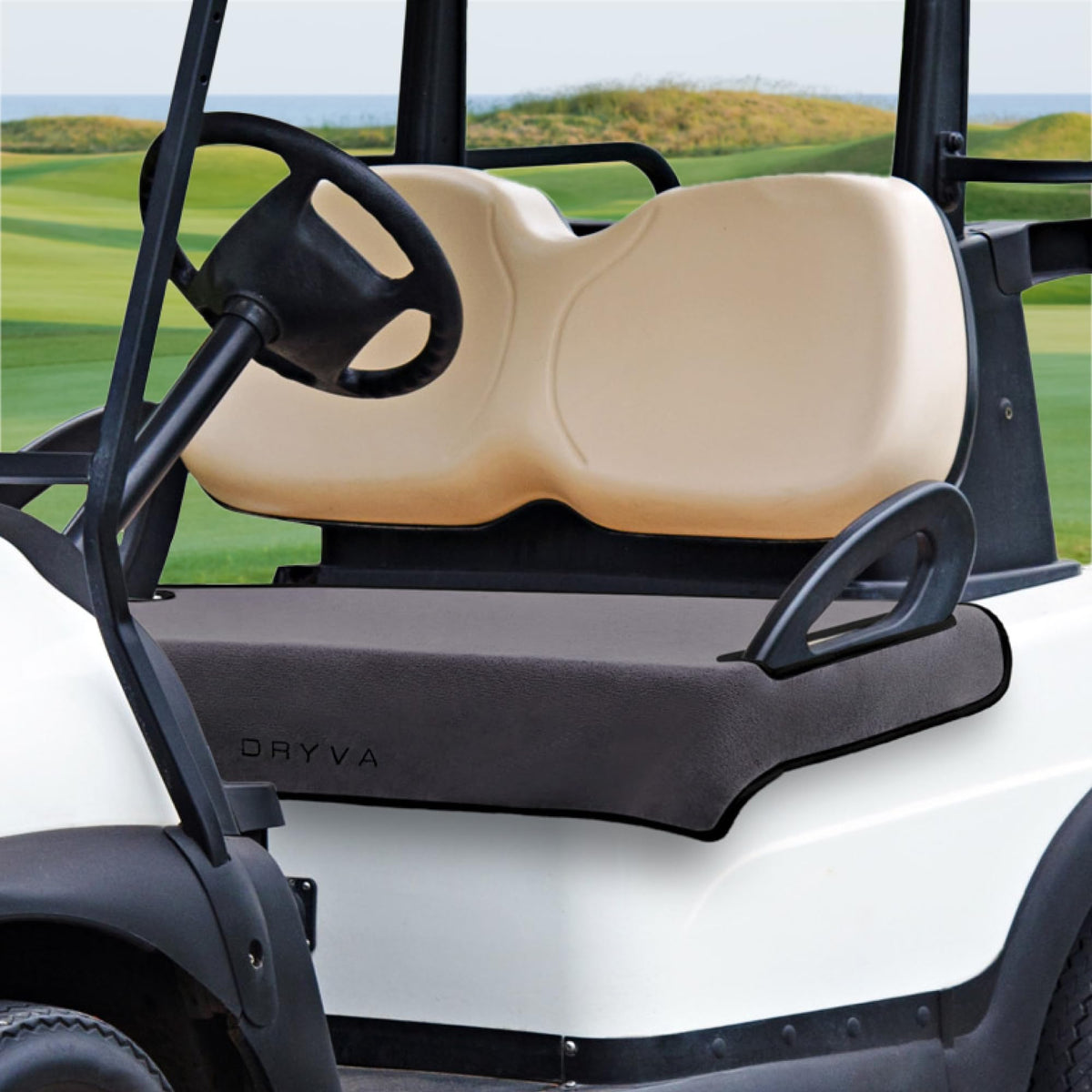 Dryva golf cart seat cover in front view shows waterproof protection for all-weather use.