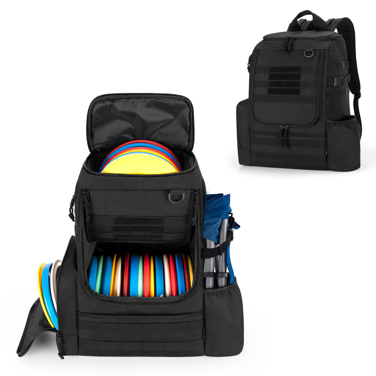 DSLEAF Disc Golf Bag main compartment view with space for up to 26 discs