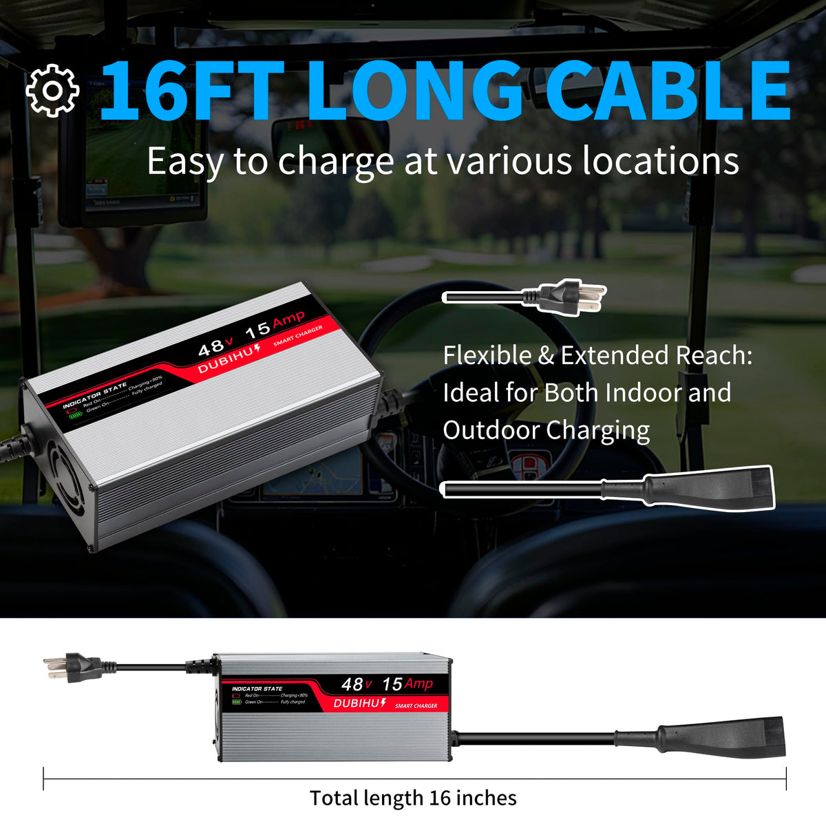 DUBIHU 16ft cable extended reach for garage and lot charging.