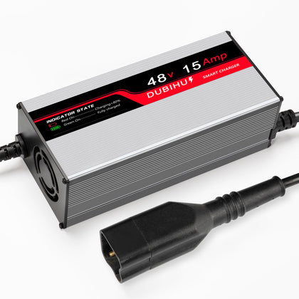 DUBIHU 48V charger connected to Yamaha G29 for stable charging.