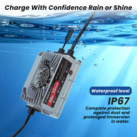 DUKVI charger with 15-foot cord offers flexible placement for backyard or course.