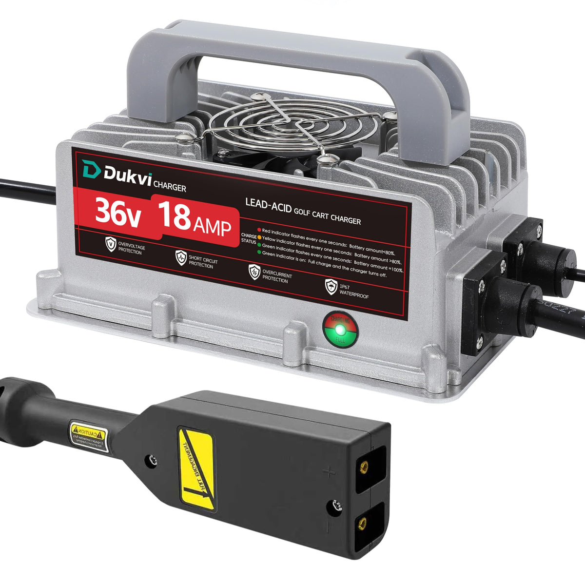 DUKVI 36V 18A charger with D-style plug powering EZGO TXT quickly and reliably.