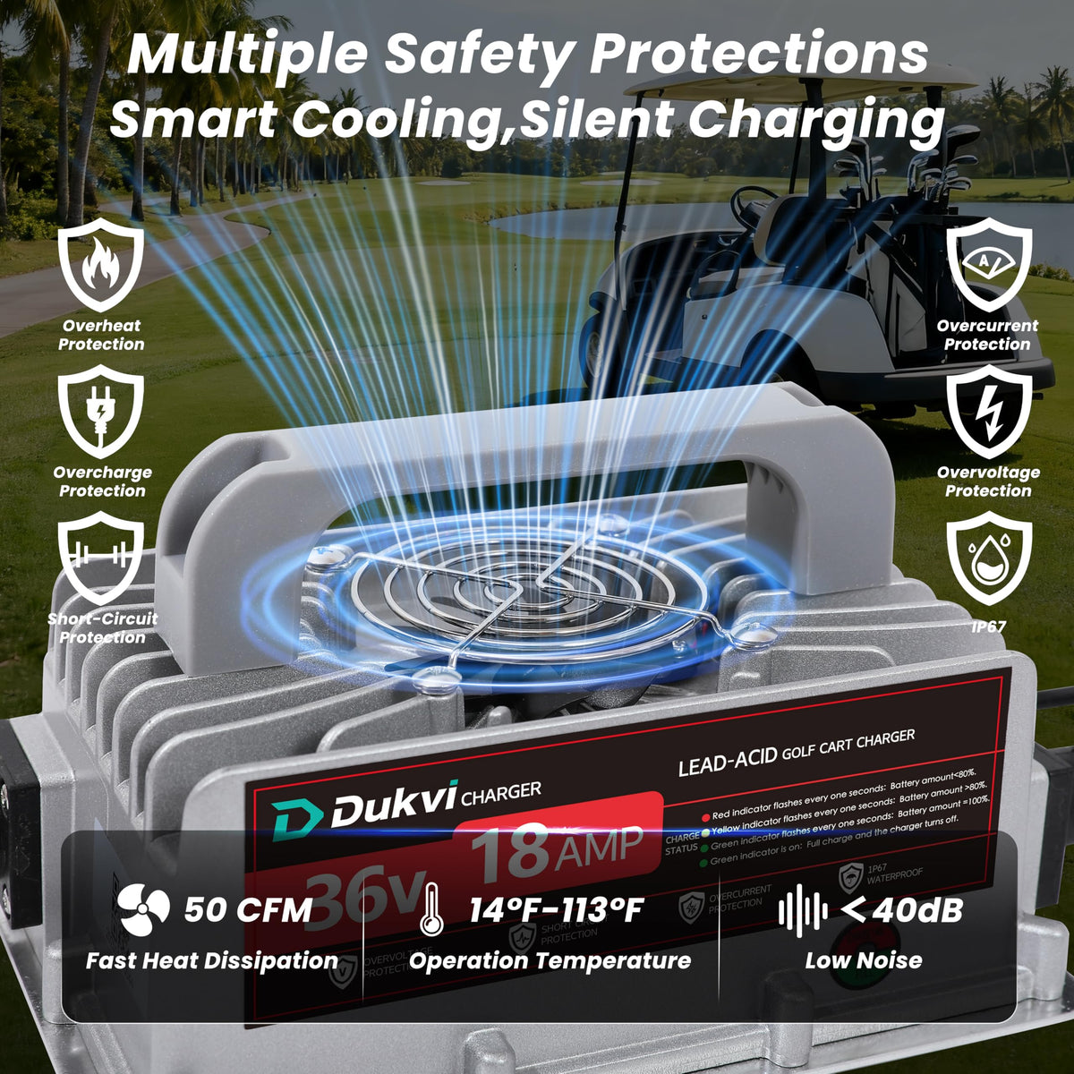 DUKVI 36V 18A charger with IP67 aluminum casing resists dust and water outdoors.