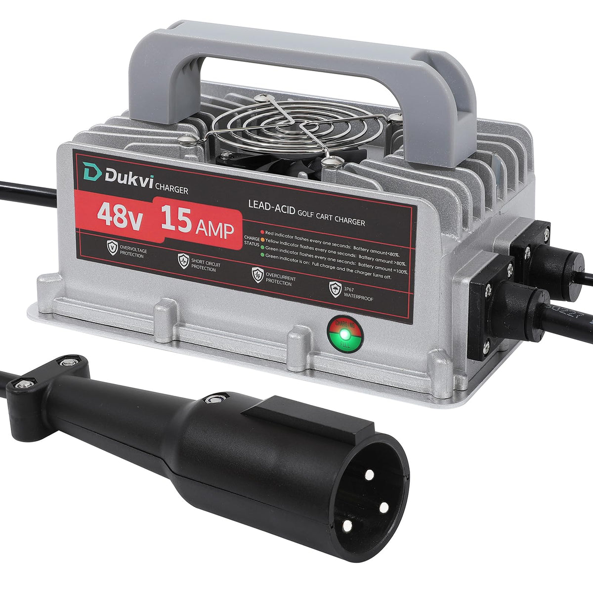 DUKVI 48V golf cart charger with 3-pin round plug for Club Car.