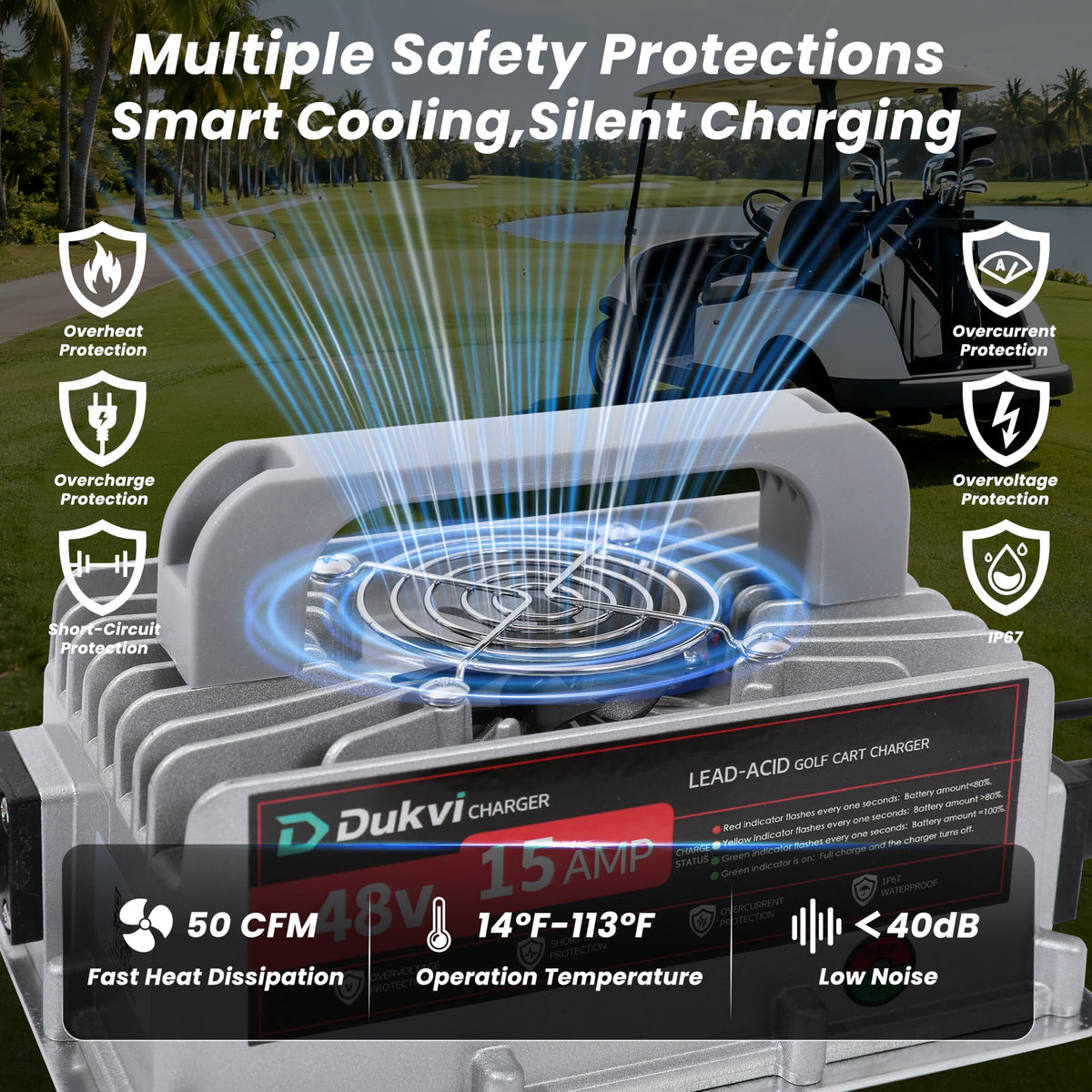 DUKVI smart charger demonstrates auto-trickle mode for safer maintenance.