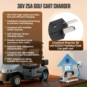 Crowfoot plug close-up on DUOYI charger for 36V carts