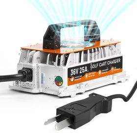 DUOYI 36V golf cart charger front view highlighting compact, portable design for on-site charging