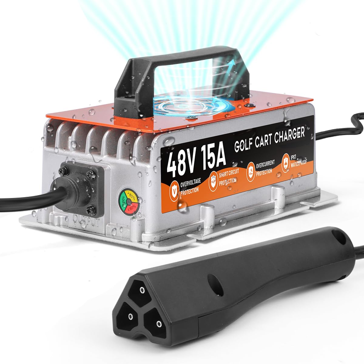 DUOYI 48V EZGO charger side view showing durable aluminum body for outdoor use