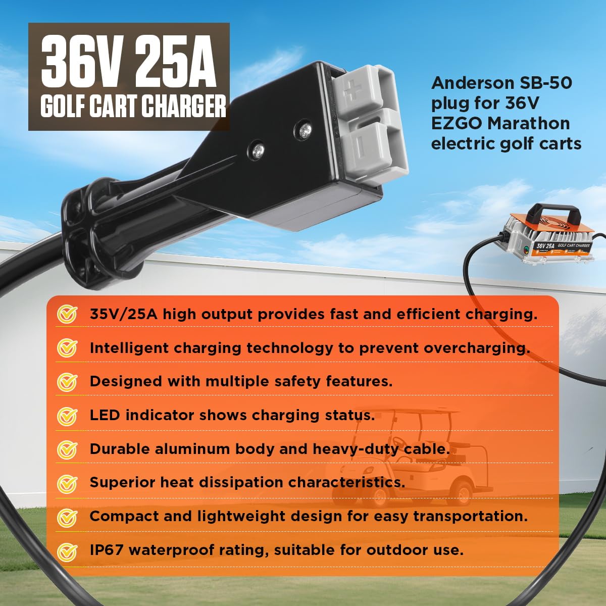 ip67 waterproof design protects the charger in outdoor golf cart charging