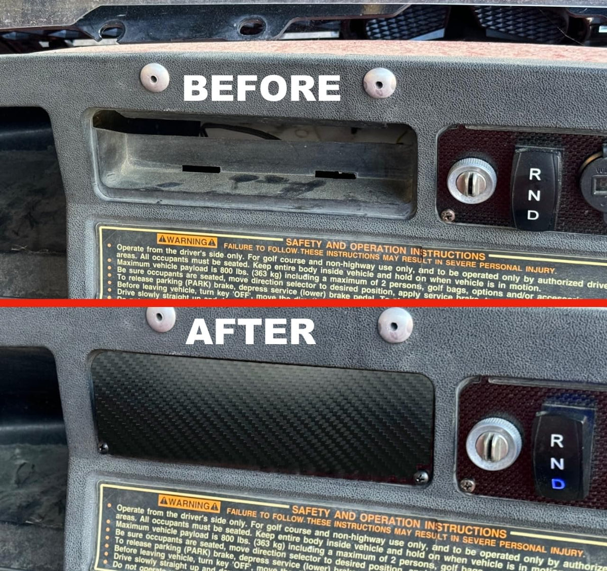 Lightweight, durable dash plate improves golf cart style without extra weight.