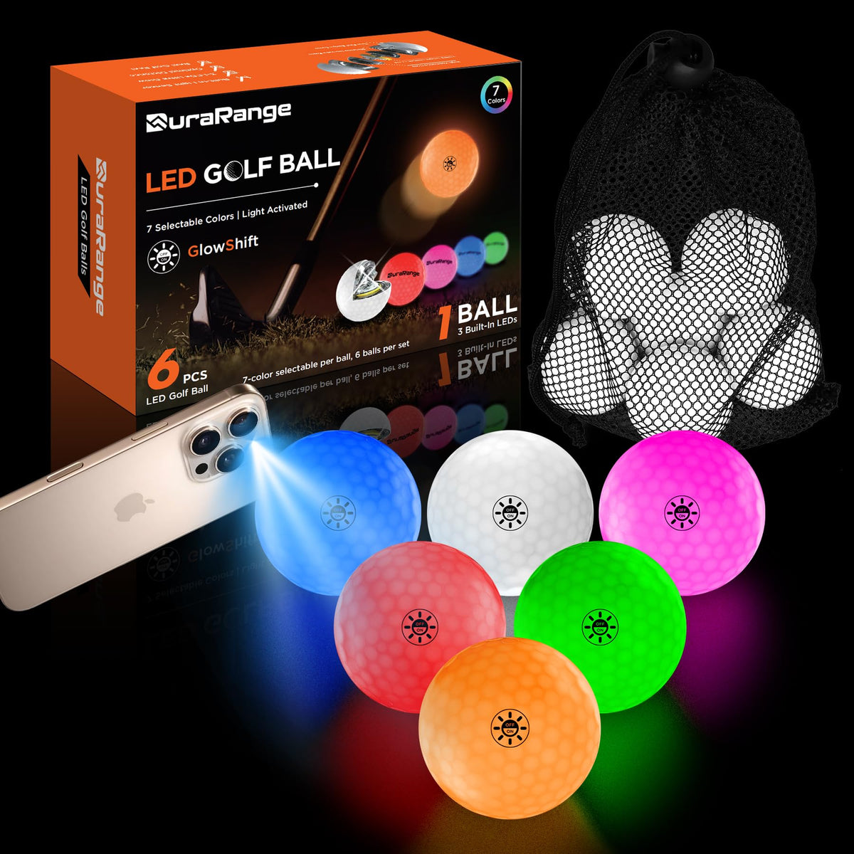 DURARANGE GlowShift LED golf ball glows via light sensor for night play.