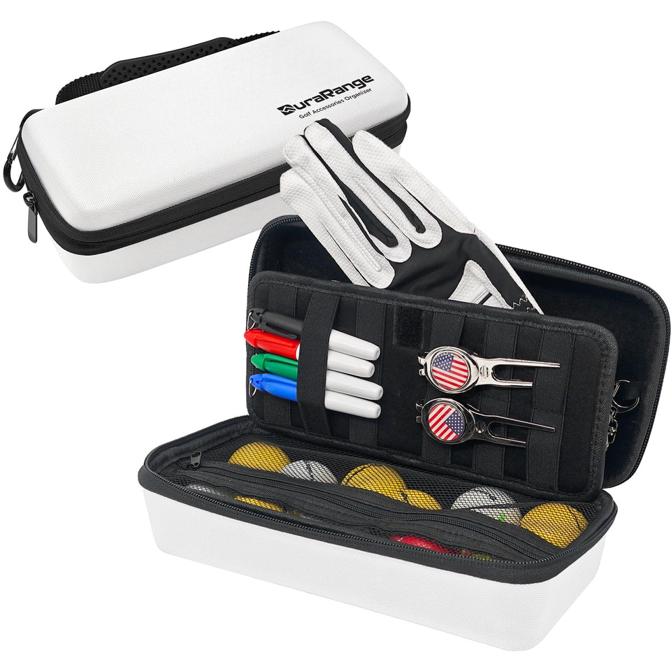 DURARANGE golf glove-holder case closed view shows compact organization.