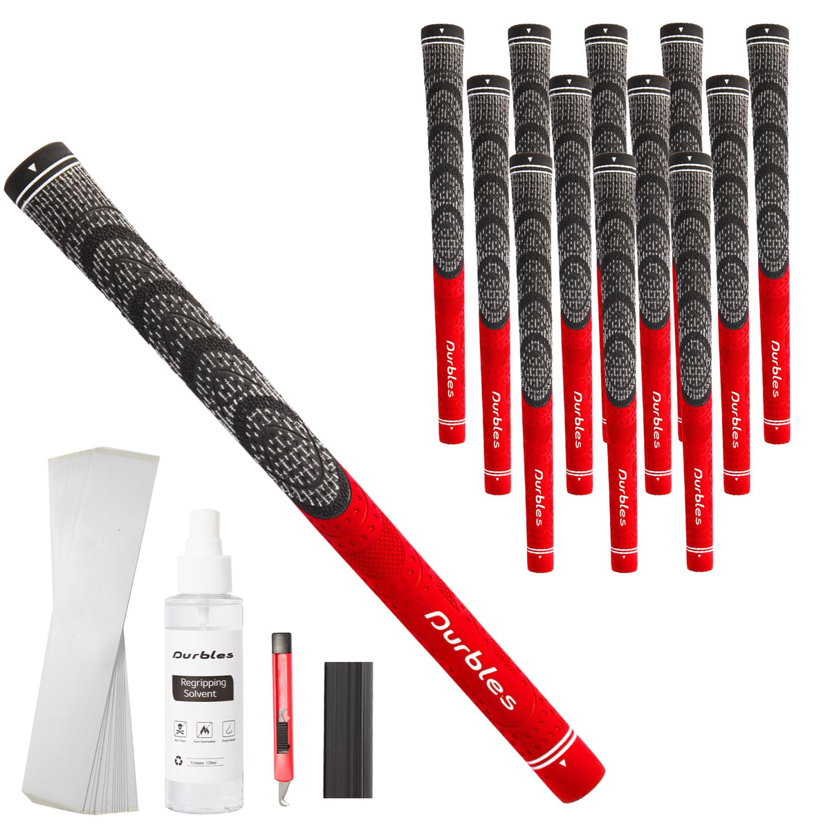 Durbles all-weather golf grips with multi-compound texture for confident control.