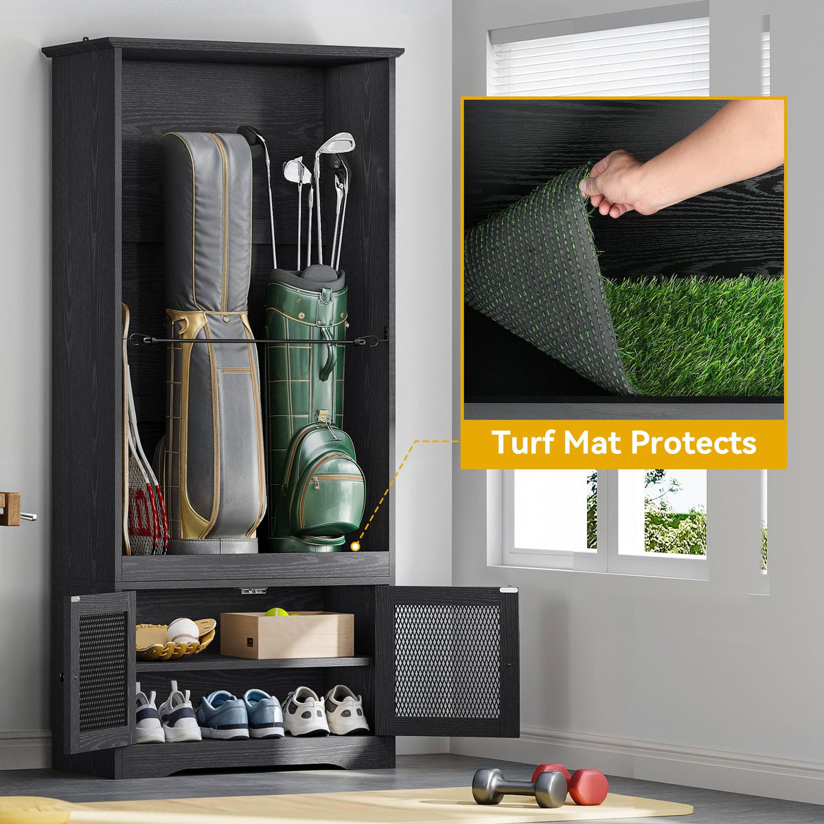 DWVO organizer fits garage or home spaces, keeping golf gear accessible
