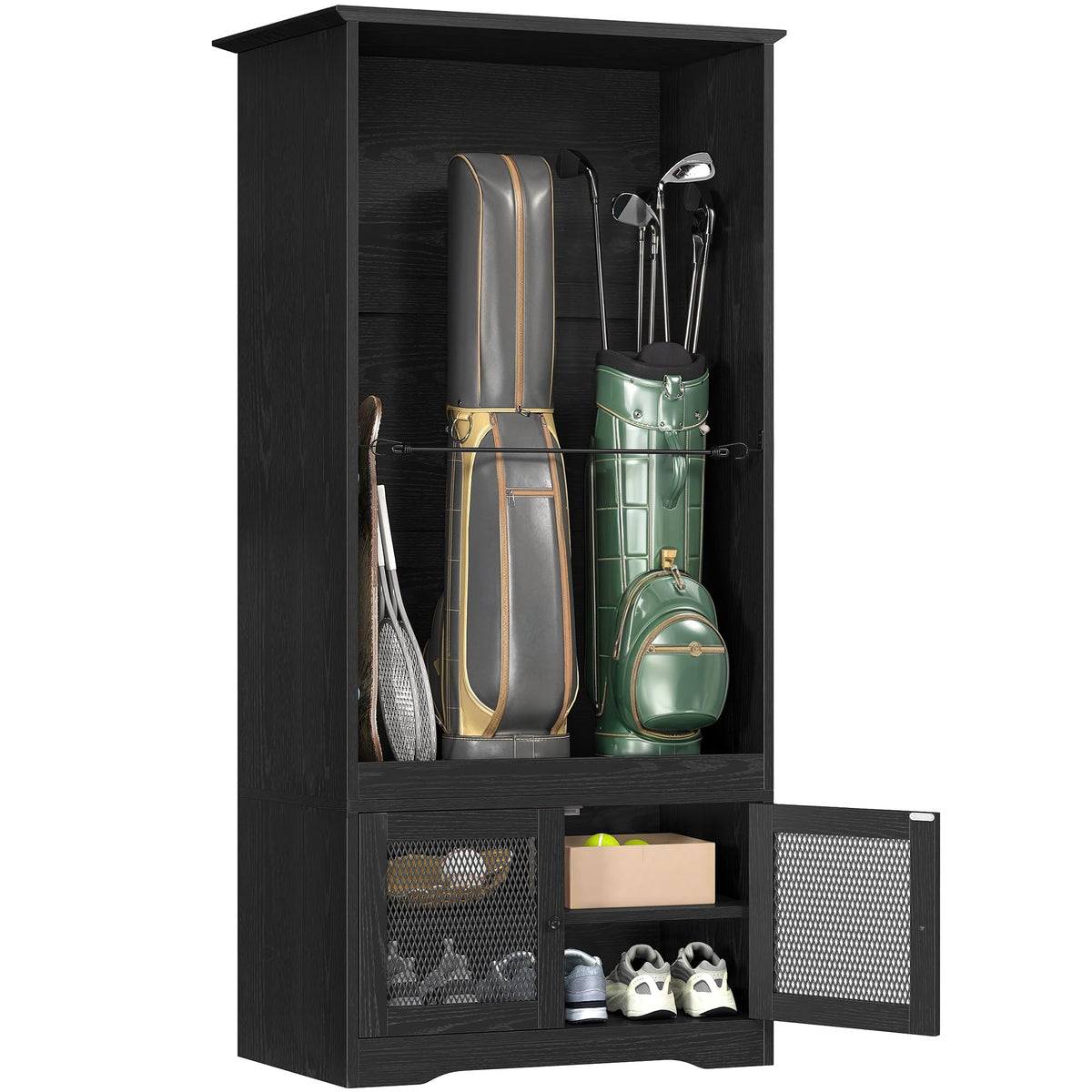 DWVO golf bag organizer with a sturdy wood frame stores two bags clearly