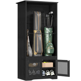 DWVO golf bag organizer with a sturdy wood frame stores two bags clearly