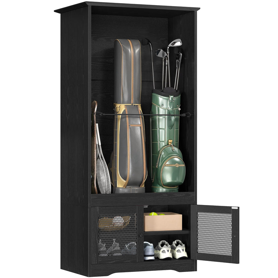DWVO golf bag organizer with a sturdy wood frame stores two bags clearly