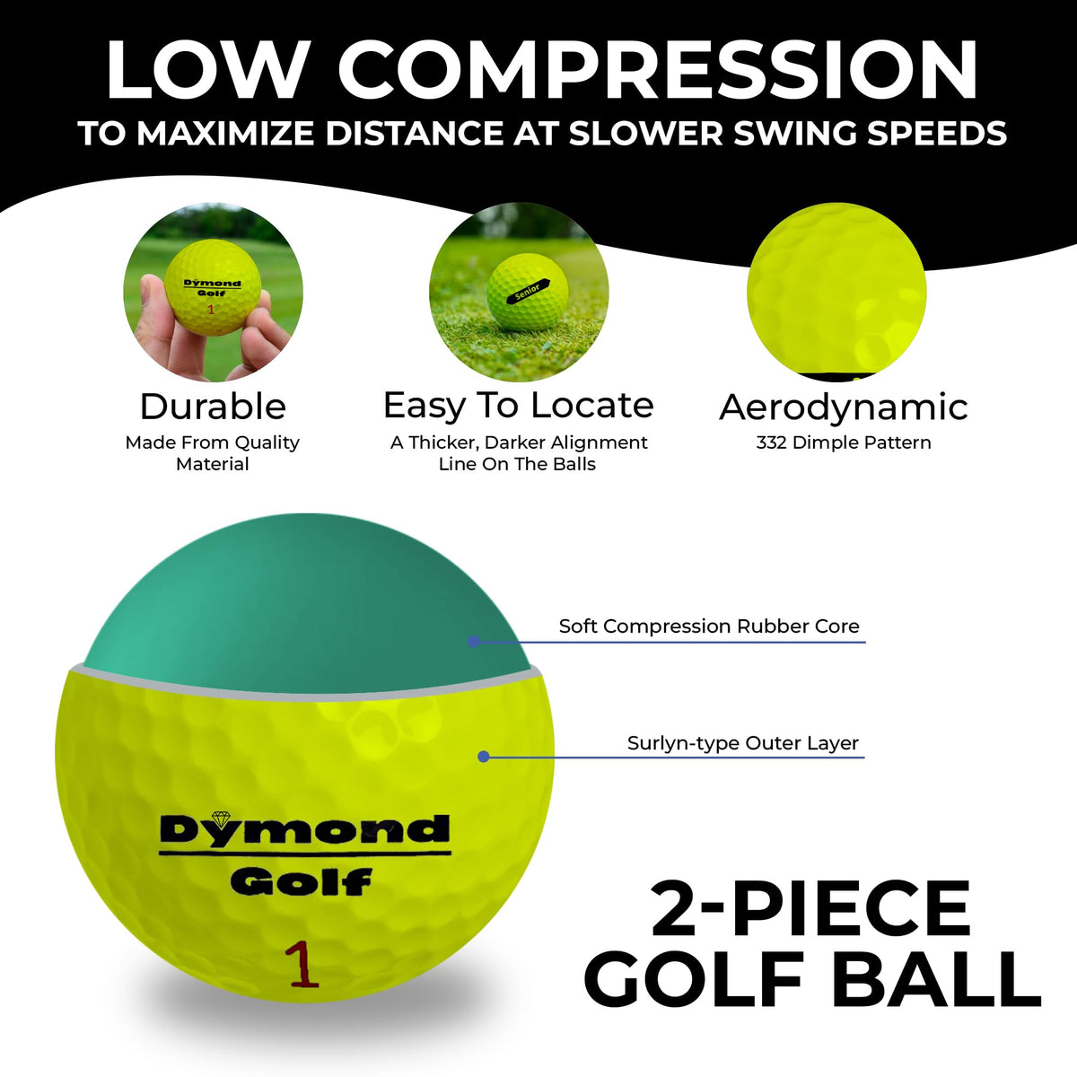 Dymond Golf senior ball low compression core enables easier compression