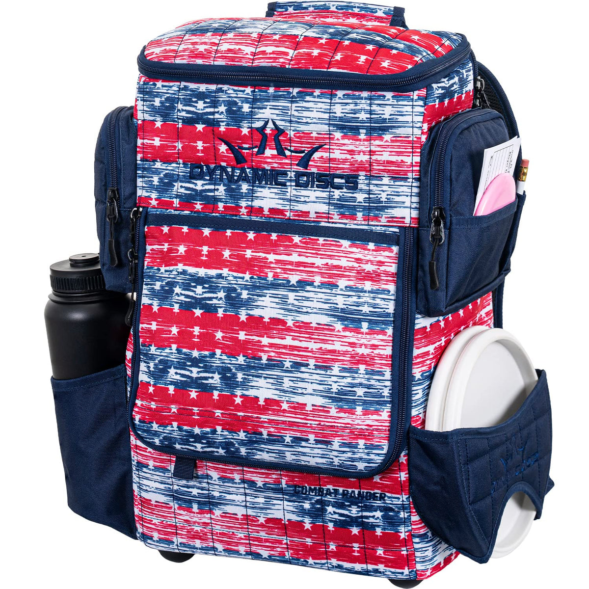 Dynamic Discs Combat Ranger backpack includes a 32 oz water bottle holder for hydration