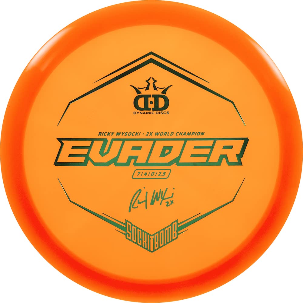 Dynamic Discs Evader with Sockibomb hot stamp for practice and field throws.