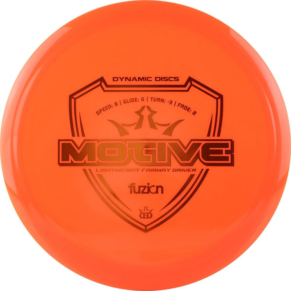 Dynamic Discs Fuzion Motive orange, beginner-friendly distance and control.