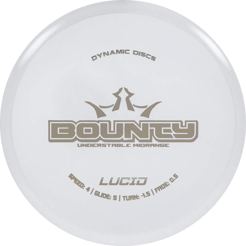 Dynamic Discs Lucid Bounty midrange in flight with straight lines and gentle turn