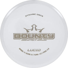 Dynamic Discs Lucid Bounty midrange in flight with straight lines and gentle turn