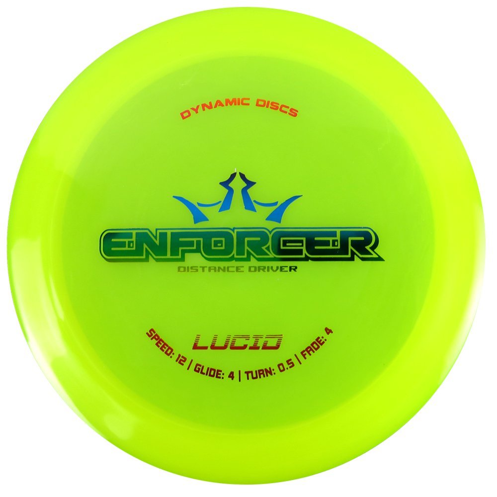 Dynamic Discs Lucid Enforcer distance driver in flight, stable in wind, versatile for spikes and long tunnel shots.