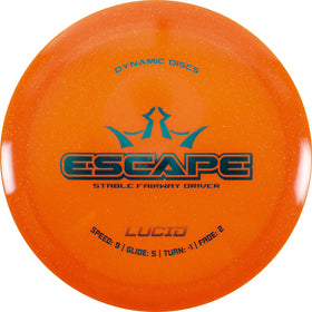 Dynamic Discs Lucid Escape orange fairway driver in hand showing long glide