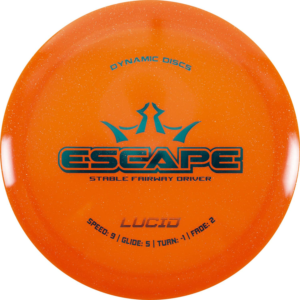 Dynamic Discs Lucid Escape orange fairway driver in hand showing long glide