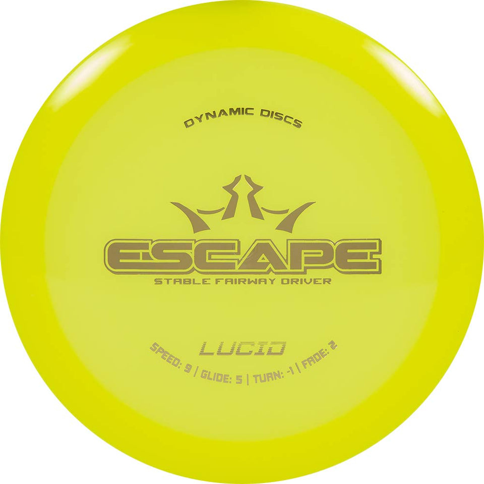 Dynamic Discs Lucid Escape yellow disc for easy release and distance.