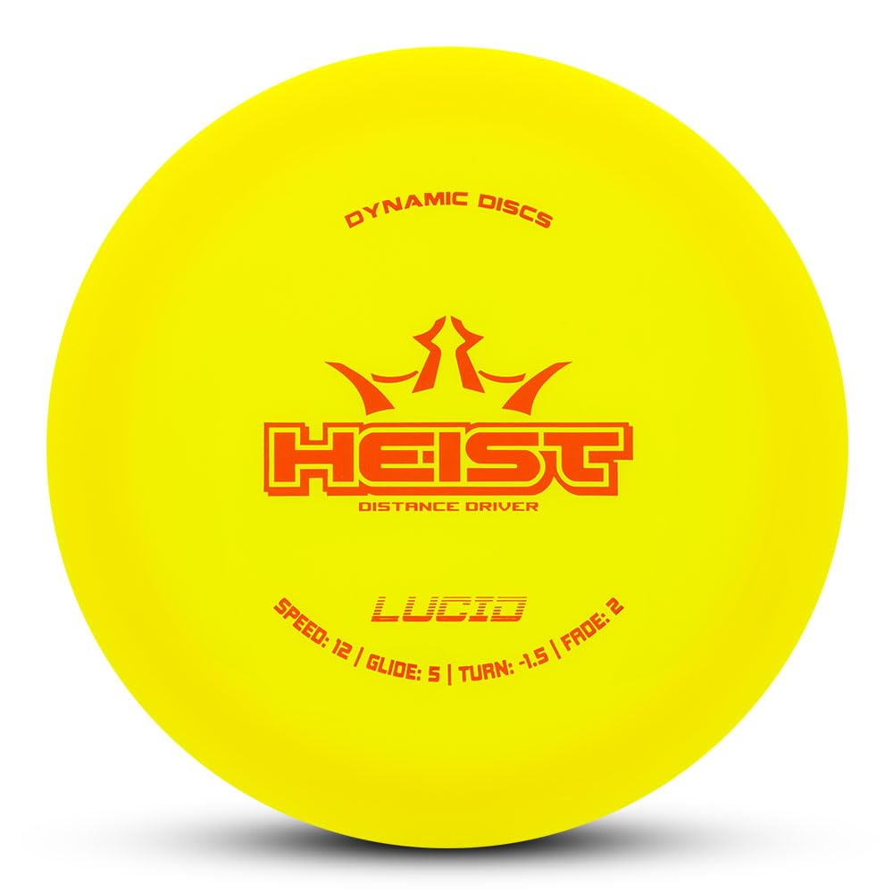 Dynamic Discs Lucid Heist distance driver in yellow for reliable long-range control.