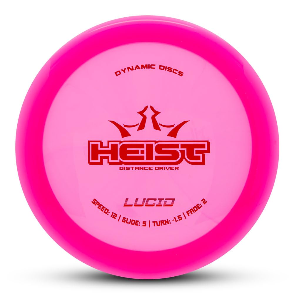 Dynamic Discs Lucid Heist pink disc in flight for precise long-range throws