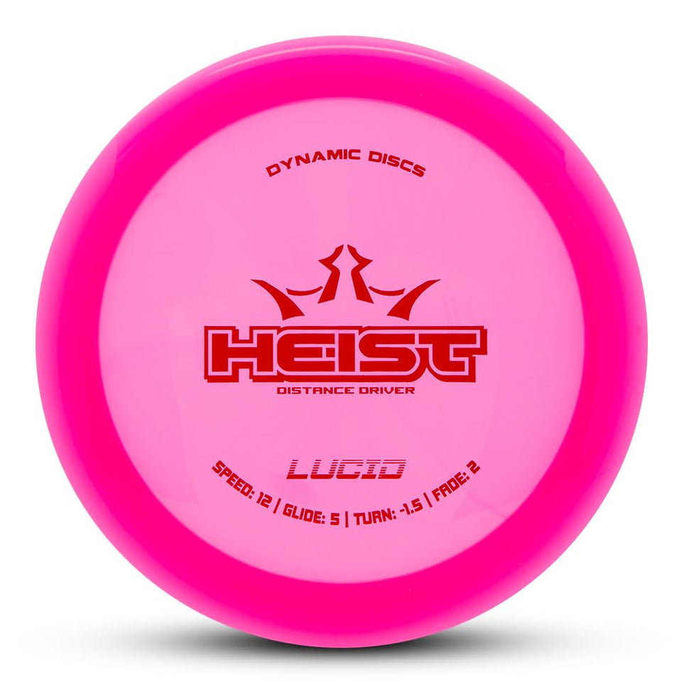 Dynamic Discs Lucid Heist pink disc in flight for precise long-range throws