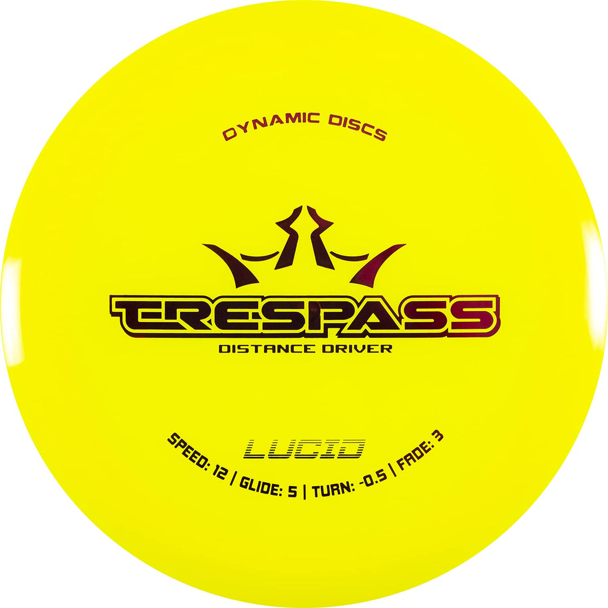 Dynamic Discs Lucid Trespass yellow disc, top view, built for long-distance forehand and backhand.