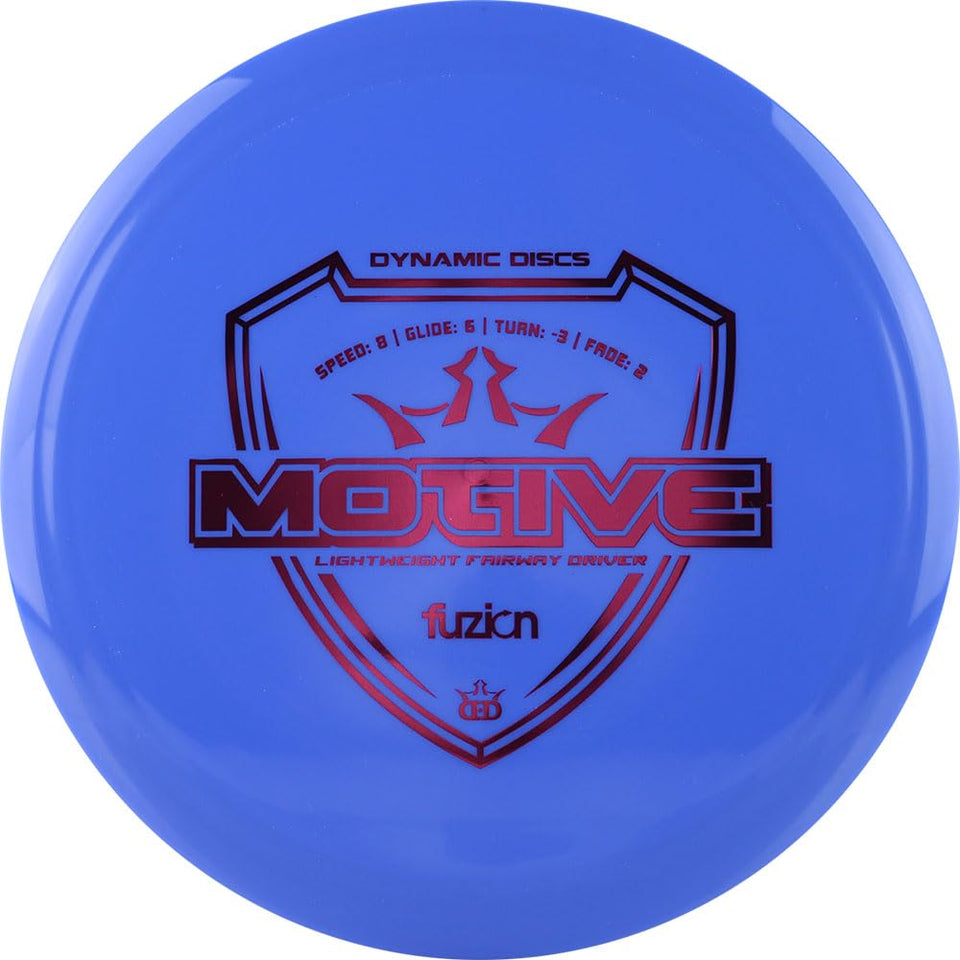 Dynamic Discs Motive blue fairway driver with high glide, ideal for beginners.