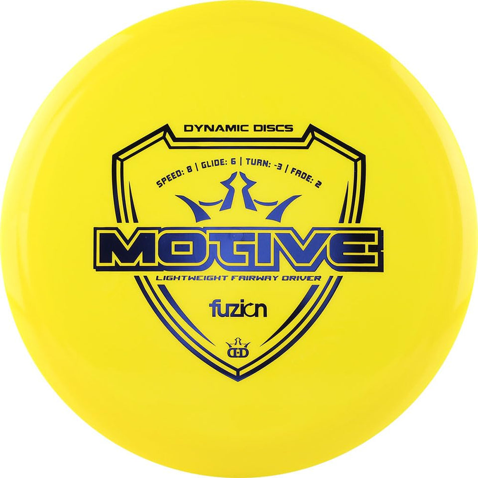 Dynamic Discs Motive fairway driver in yellow, beginner-friendly for easy distance and control