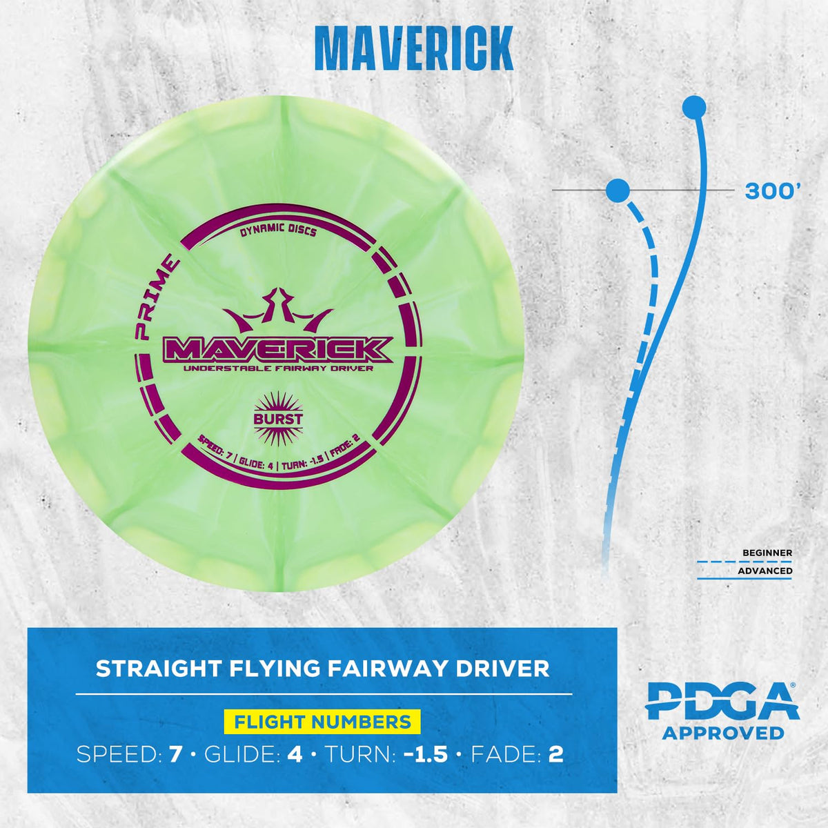 Maverick fairway for easy-to-throw longer shots with Prime Burst plastic.