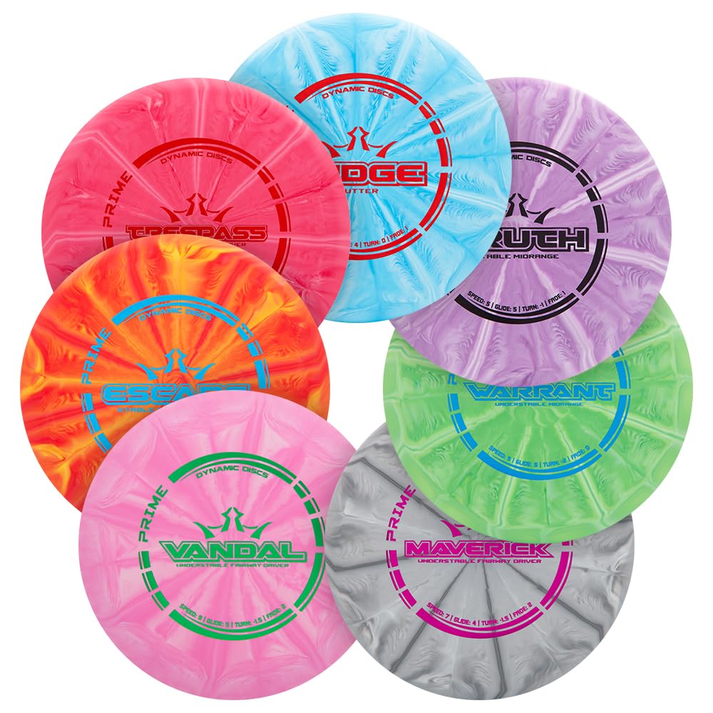 Dynamic Discs Prime Burst 7-pack collection shown for beginners with versatile shots