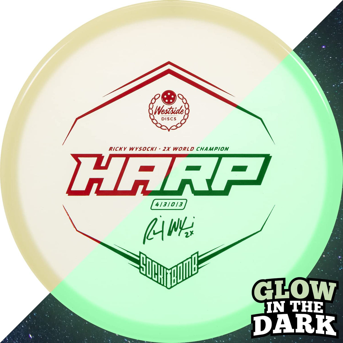 Dynamic Discs Ricky Wysocki signature stamped disc showcases glow finish for confident windy approach plays.