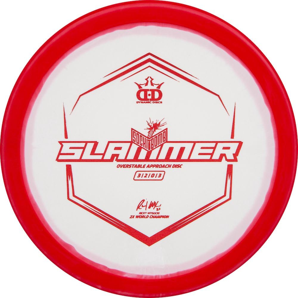 Dynamic Discs Sockibomb Slammer putter front view highlights stable approach capability.