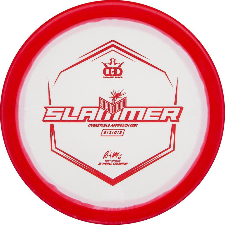 Dynamic Discs Sockibomb Slammer putter front view highlights stable approach capability.