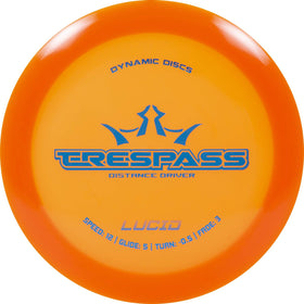 Dynamic Discs Trespass front view in orange highlighting long-distance potential.