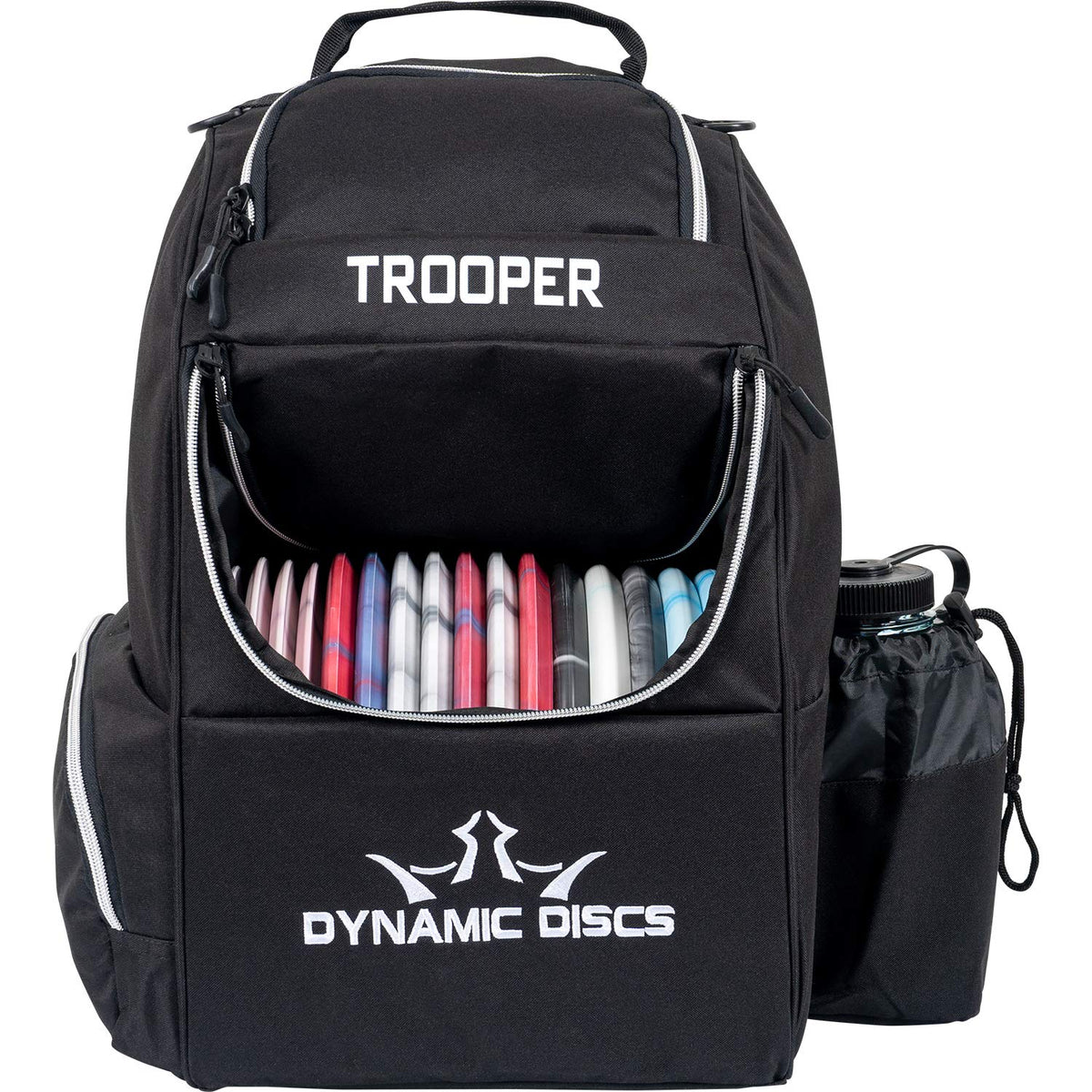 Dynamic Discs Trooper backpack front view showing roomy disc compartment for 18+ discs