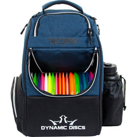 Dynamic Discs Trooper backpack front view holding 18+ discs for convenient rounds
