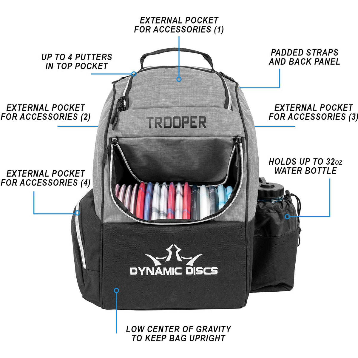 Dynamic Discs Trooper Backpack three external pockets organize keys, scorecards, and more