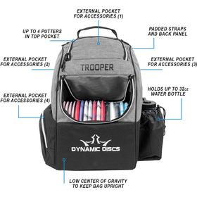 Dynamic Discs Trooper Backpack three external pockets organize keys, scorecards, and more